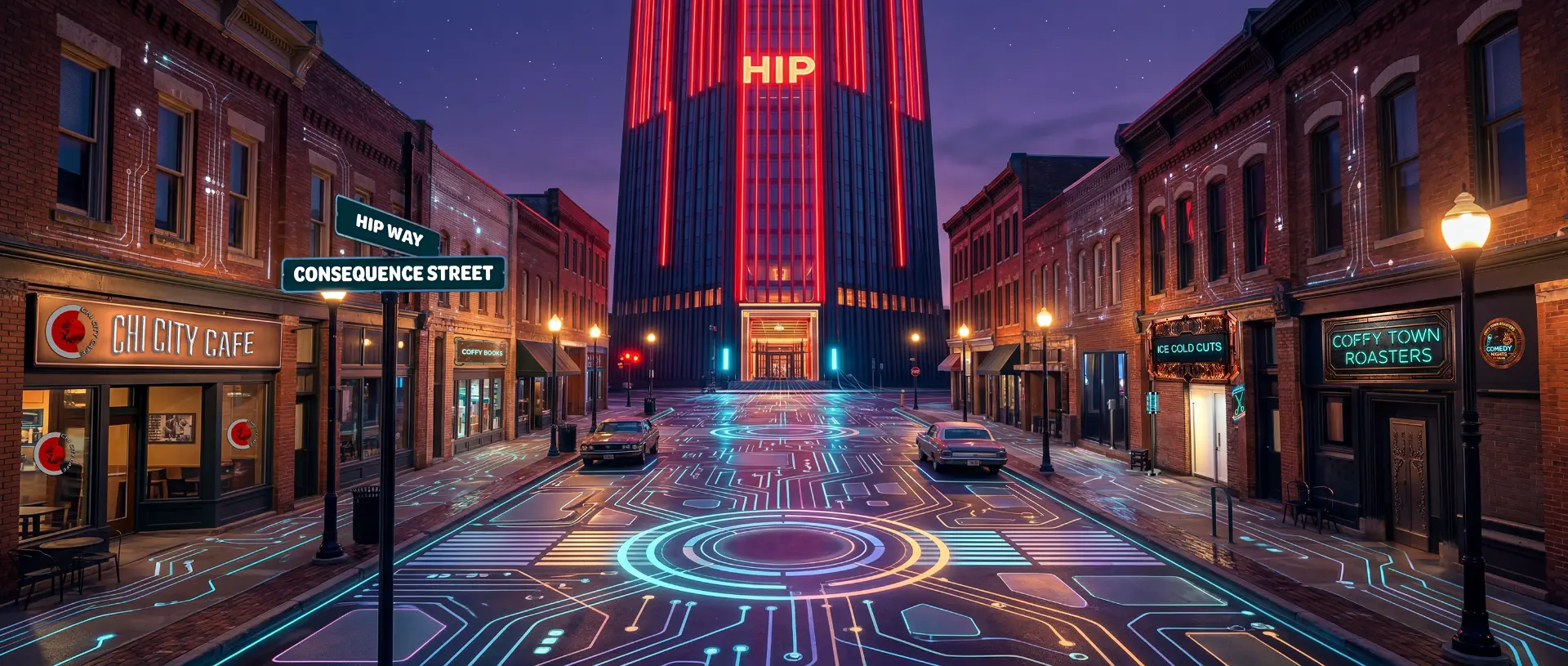 Welcome to Coffy Town — the HIP IP Tower on HIP Way at Consequence Street